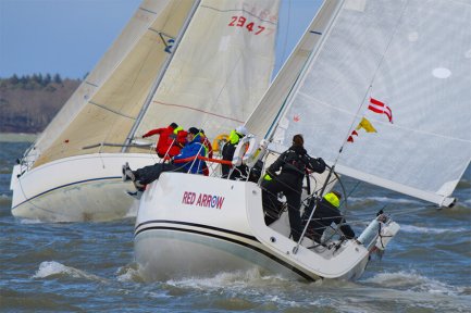 Aft of sailing boat with skipper from underwater view